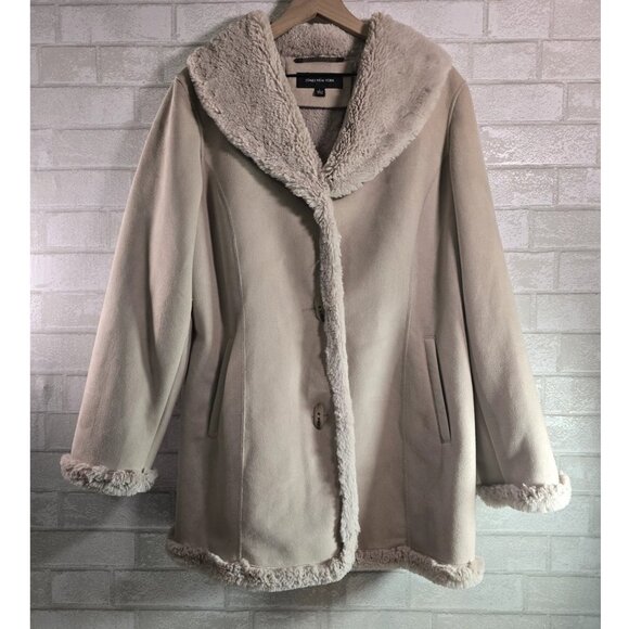 Beige Faux Suede & Fur Lined Jacket Coat Size L Women's Jones New York - Picture 1 of 8